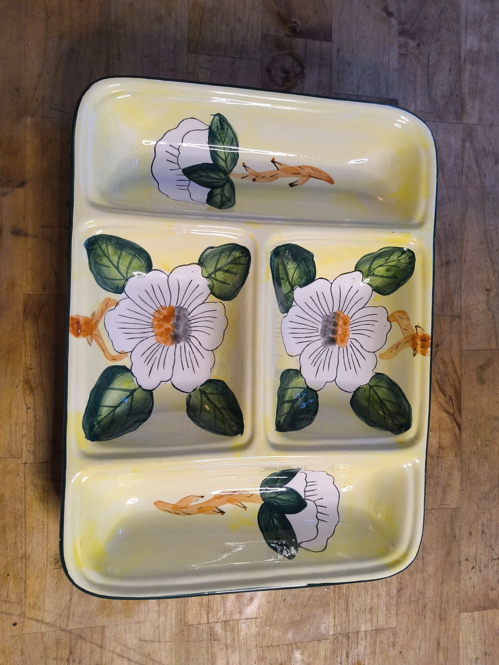 Vintage Hand-Painted Floral Ceramic Divided Serving Platter - Yellow